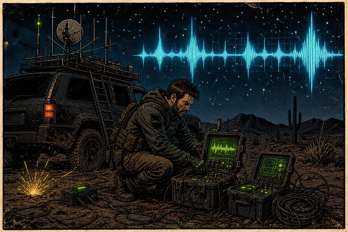Night desert field test with an antenna-loaded SUV and glowing equipment cases