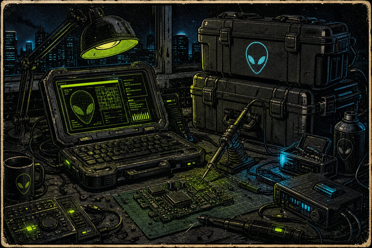 Night workbench with a cyberdeck, circuit boards, and lime instrument glow
